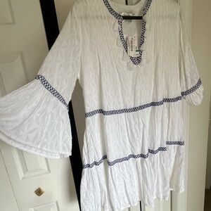 Tommy Bahama White Tunic with Navy Embroidered Trim and Tassels